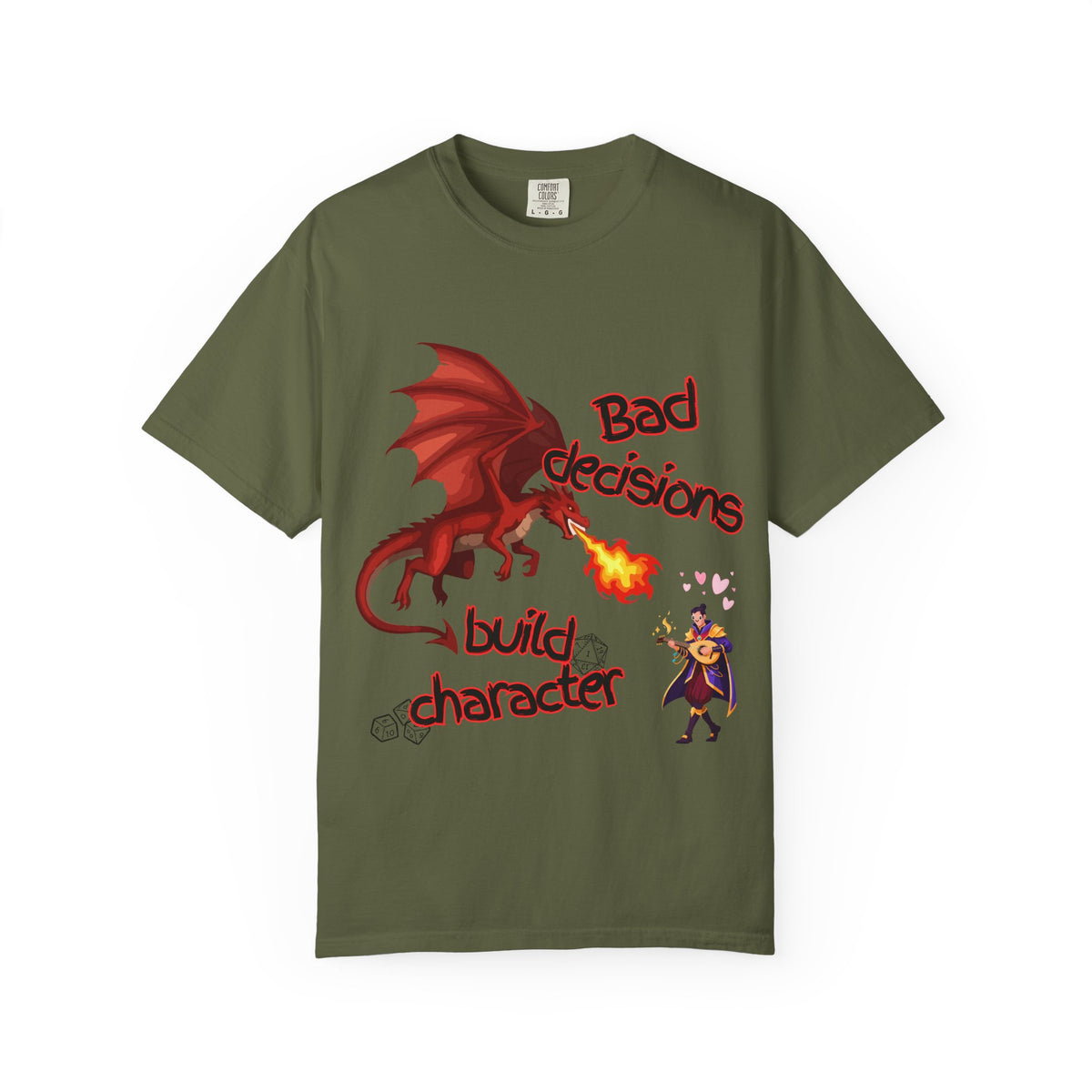 T-Shirt — "Bad Decisions Build Character" Dragon DnD Humor Tee