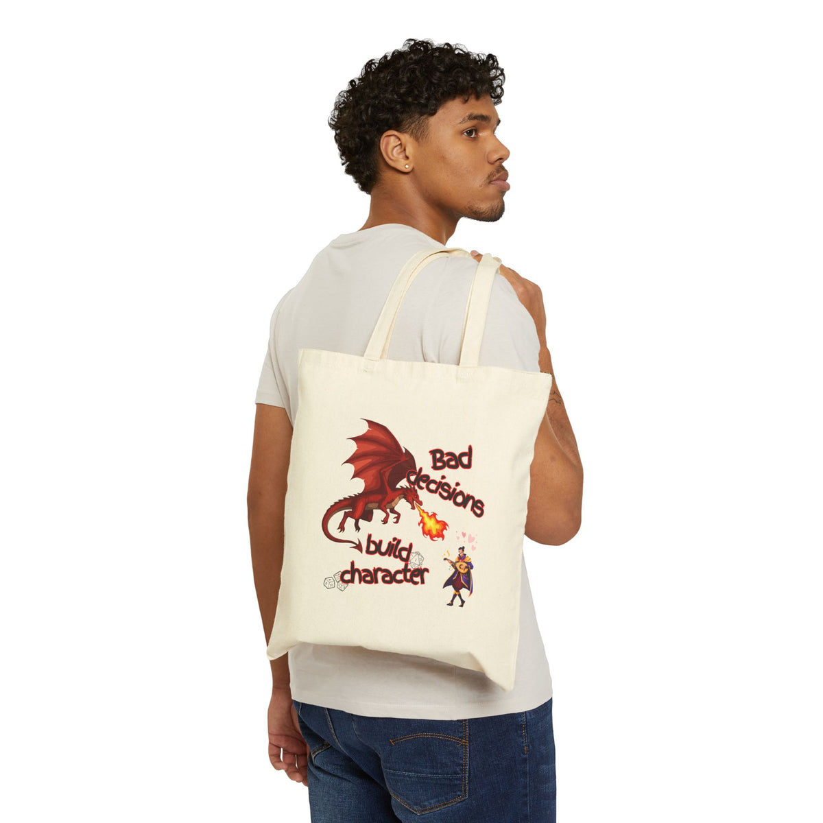 Canvas Tote — "Bad Decisions Build Character" Dragon Graphic