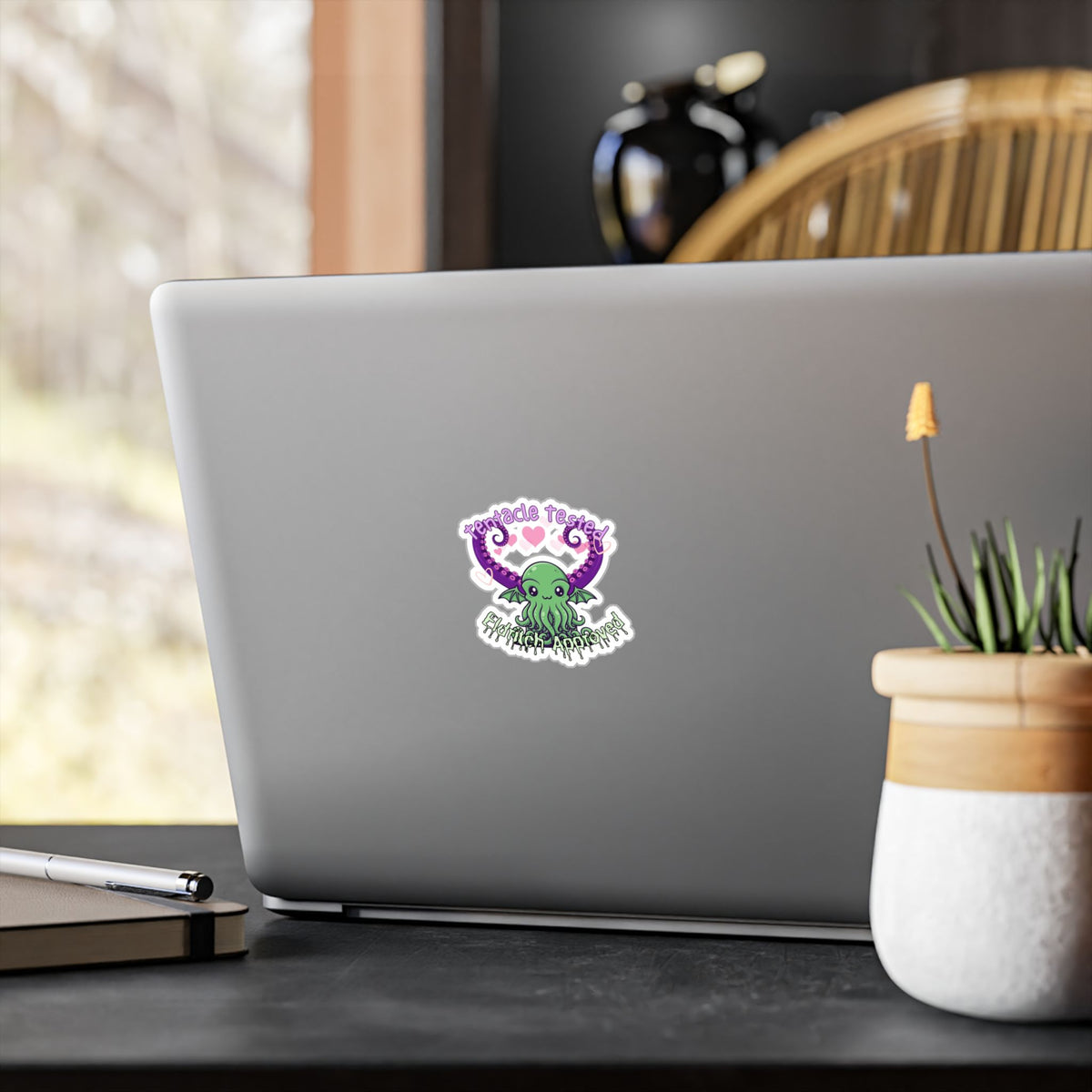 Kawaii Cthulhu Vinyl Sticker — "Tentacle Tested, Eldritch Approved" Kiss-Cut Decal
