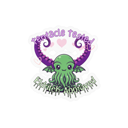 Kawaii Cthulhu Vinyl Sticker — "Tentacle Tested, Eldritch Approved" Kiss-Cut Decal