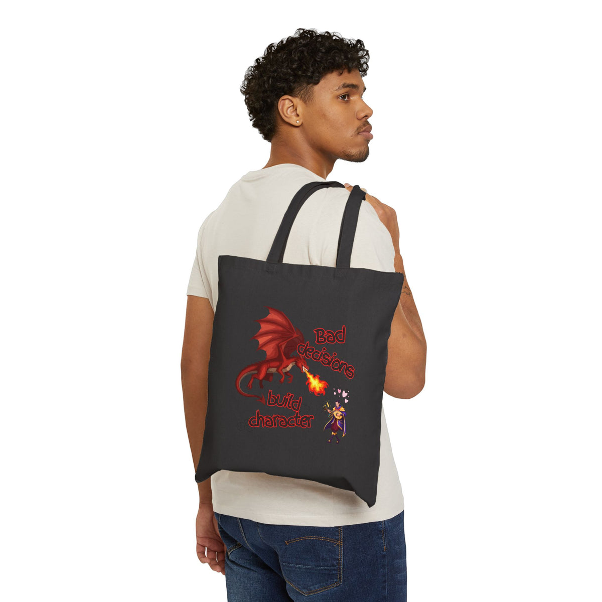 Canvas Tote — "Bad Decisions Build Character" Dragon Graphic